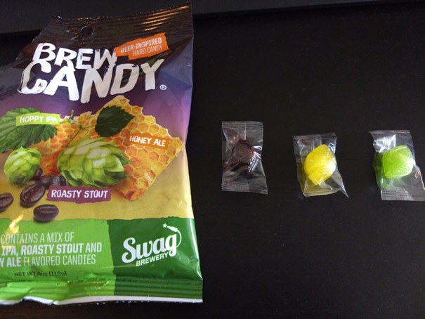 brew candy bag with three pieces of candy